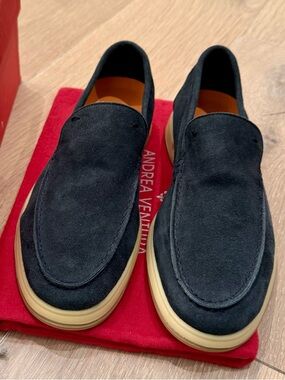 Blue Suede Slip-On Loafers with Cream sole
